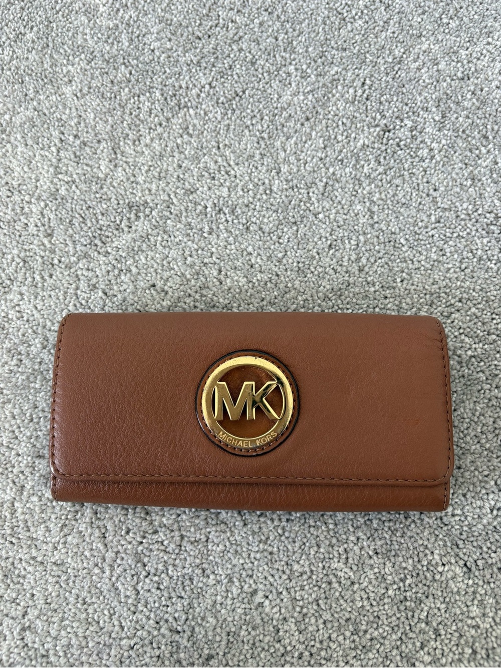 Michael Kors Tan Leather Trifold Wallet with Gold MK Emblem